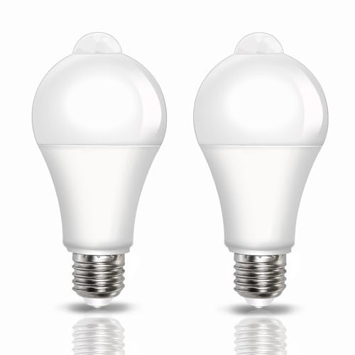 Caldarax 2 Stück E27 LED Lampe mit PIR Bewegungsmelder, 9W E27 LED Glühbirne mit Bewegungsmelder Energiesparlampe Kaltweiß 6000K, 120 Grad, E27 Bewegungsmelder Lampe für Treppen Flur Garage von Caldarax