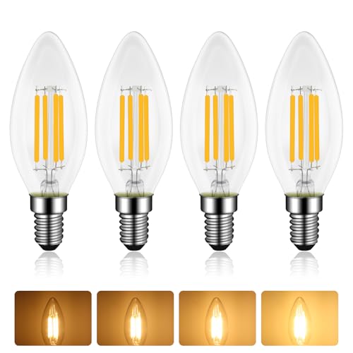 Caldarax 4 Stück E14 Kerze LED Lampe 4W Dimmbar, Ersetzt 40W Glühlampen, Warmweiß 2700K, 400LM, AC 220V-240V, C35 Kerzenform, E14 Filament Fadenlampe, Transparentes Glas, für Kronleuchter, Wandlamp von Caldarax
