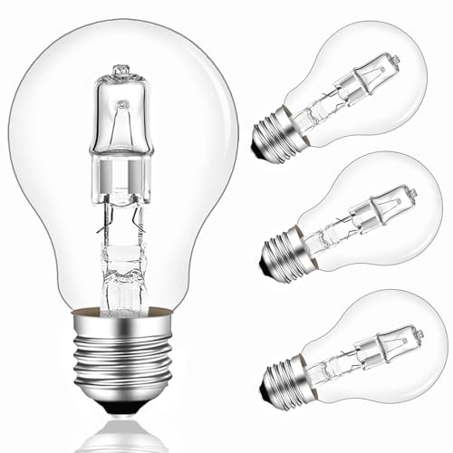 Caldarax 4 Stück E27 42W Halogenlampe Dimmbar, A55 Classic Klar E27 Halogen Glühbirne 42 Watt, Warmweiß 2700K Globe E27 Halogen Leuchtmittel für Deckenlampe, Tischlampe, Stehlampe, AC 220-240V von Caldarax