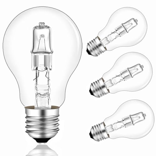 Caldarax 4 Stück E27 42W Halogen Dimmbar, A55 Classic Klar E27 Glühbirne 42 Watt, Warmweiß 2700K Globe E27 Leuchtmittel für Deckenlampe, Tischlampe, Stehlampe, AC 220-240V von Caldarax