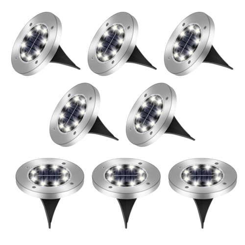 Caldarax 8 Stück Solar Bodenleuchten Aussen für Garten, 8 LEDs Solar Gartenleuchte IP65 Wasserdicht, LED Boden Solarleuchten Edelstahl für Garten Rasen Patio Gehweg Auffahrt(Kaltweiß) von Caldarax