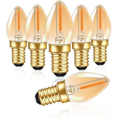 Caldarax C7 LED Birne, E14 Vintage Glühbirne 0.5W Kerzenglühbirne Ersatz 5W Glühlampe, E14 Filament Glühbirne Amber 50LM 2200K Warmweiß, Nicht Dimmbar, Weihnachtsdekoration Nachtlicht, 6 Stück von Caldarax