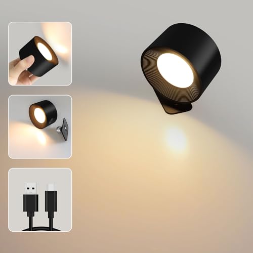 Caldarax LED Wandleuchte Innen, Wandlampe mit Akku, Touch Control 3 Farbmodi 3 Helligkeitsstufen, 360° drehbare, für Wohnzimmer Schlafzimmer Treppenhaus Flur Kabellose Wandleuchten, Schwarz, 1 Stück von Caldarax