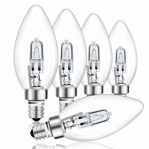 E14 42W Halogen Kerzenbirnen, Warmweiß 2700K Dimmbar, C35 Edison Schraubbirne E14 Halogenlampe, Klar Halogen Kerze Vintage E14 Glühbirne für Kronleuchter, 5 Stück von Caldarax