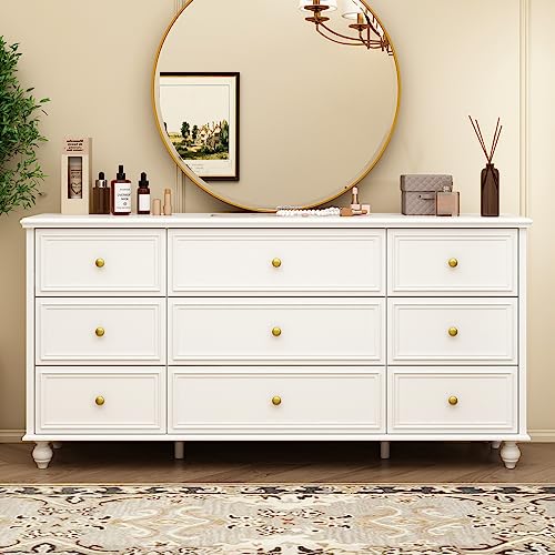 Caldion 160cm Kommode Weiß mit 9 Schubladen Moderne Sideboard mit Gold Metall Griffe,Holzbeine für Wohnzimmer,Schlafzimmer Weiß von Caldion