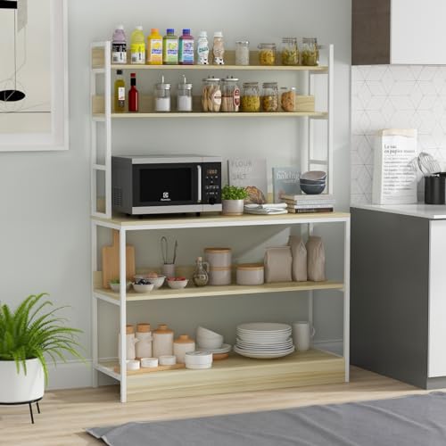 Caldion 5-Tier Küchenregal Stehend mit Hutch, Mikrowellenherd Stand, Küche Arbeitsplatte Utility Cart Storage Regal Veranstalter für Gewürze, Töpfe, Pfannen, und Backofen,Holz und Weiß von Caldion