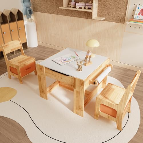 Caldion Kinderschreibtisch mit 2 Hockern,Kindertisch mit 2 Stühlen,Kindertisch und Stuhlset, Natürlicher Holzschreibtisch, für Zuhause und Schule,Kiefernholz,Kindersitzgruppe,60.4x59x48cm von Caldion