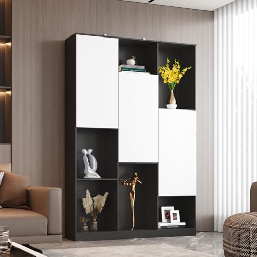 Caldion Bücherregal mit Ablagen, Bücherschrank, Aktenschrank mit 3 verstellbaren Türen, Mehrzwerkschrank,Schwarz und Weiß, Büro Arbeitszimmer Bibliotheke, MDF, 120x30x180cm von Caldion