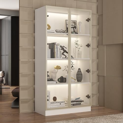 Caldion Vitrinenschrank mit Glastüren und Beleuchtung, Glasvitrine Stehend mit 4-stufigen Einlegeböden, Pop-up Design,Vitrine mit Glastüren Weiß von Caldion