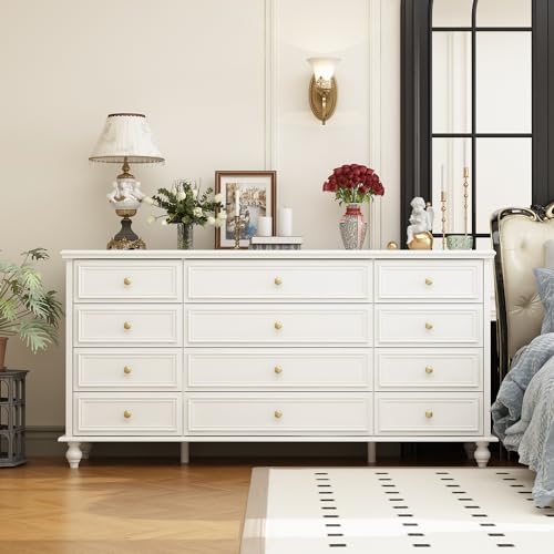 Caldion Kommode Weiß mit 12 Schubladen Moderne Sideboard mit Gold Metall Griffe,Holzbeine für Wohnzimmer,Schlafzimmer Weiß 160cm Breit von Caldion