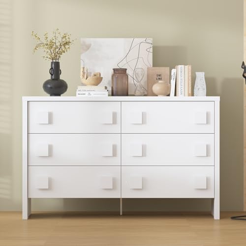 Caldion Kommode mit 6 Schubladen,Kommodeschrank mit 12 quadratischen Griffen,Schubladeschrank mit Beinen,Buffetkommode weiß,Wohnzimmermöbel,Sideboard,140x40x100cm von Caldion