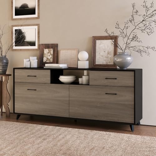 Caldion Moderne Kommode mit 2 Schubladen,Schubladeschrank mit 2 klappbaren Türen,Lowboard mit offenen Ablagen,Buffetschrank mit 5 Füßen,Fernsehtisch,Sideboard Wohnzimmer Schlafzimmer MDF,160x40x68cm von Caldion