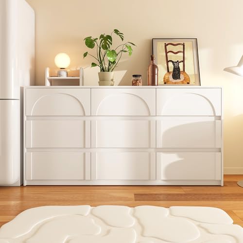 Caldion Moderne Kommode mit 9 Schubladen,Weiß,120x35x80cm,Kommodeschrank mit eleganten Bogen-Design,Aufbewahrungsschrank für Wohnzimmer,Schlafzimmer,Küchenschrank,MDF von Caldion
