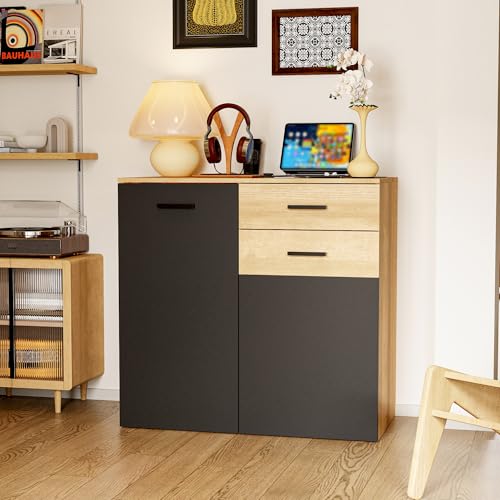 Caldion Moderner Sideboard,Buffetschrank mit 3 Türen und 1 Schublade,Buffetkommode mit verstellbaren Ablagen,Wohnzimmerschrank mit Stauraum,Dunkelgrau und Eichenfarbe,90x45x86cm von Caldion