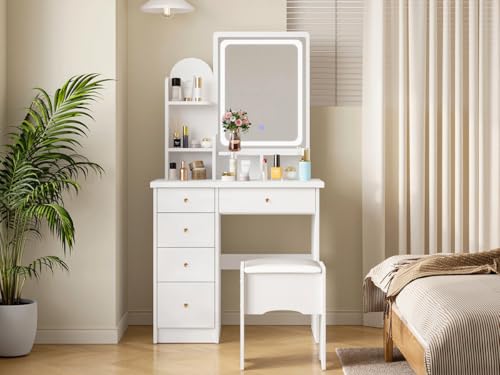 Caldion Schminktisch mit Spiegel und Beleuchtung,Schminktische mit Hocker Frisiertisch mit 5 Schubladen, Regale, Kommode Schreibtisch und gepolsterte Hocker Set 80cm(B) x 40cm(T) x 140cm(H) von Caldion