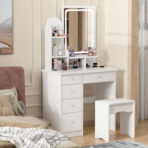 Caldion Schminktisch mit Spiegel und Beleuchtung,Schminktische mit Hocker Frisiertisch mit 5 Schubladen, Regale, Kommode Schreibtisch und gepolsterte Hocker Set Weiß 40T x 80B x 140H cm Caldion Schminktisch mit Spiegel und Beleuchtung,Schminktische mit Hocker Frisiertisch mit 5 Schubladen, Regale, Kommode Schreibtisch und gepolsterte Hocker Set Weiß 40T x 80B x 140H cm von Caldion