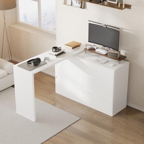 Caldion Schreibtisch mit Kommode, Eckschreibtisch mit Schubladeschrank, L-Form Computertisch, Kommodeschrank mit verstellbarem Tisch, Weiß, 130 + 120 x 40 x 83 cm von Caldion