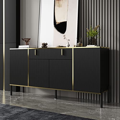 Caldion Sideboard Vintage Wohnzimmer mit 4 Türen und 1 Schublade,Komodenschrank mit Verstellbare Einlegboden, Küchenschrank mit Metallbeine für Eingang Küche, Esszimmer, Schwarz, MDF, 160 * 40 * 80cm von Caldion