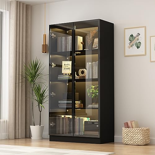 Caldion Vitrinenschrank mit Glastüren und Beleuchtung, Glasvitrine Stehend mit 4-stufigen Einlegeböden, Pop-up Design,Vitrine mit Glastüren Schwarz von Caldion