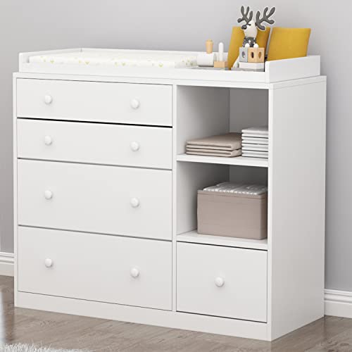 Caldion Wickelkommode mit Wickeltisch Weiß,Baby Kommode mit 5 Schubladen und Ablagefläche Kommode Aufbewahrungsstück für Baby-Schlafzimmer von Caldion