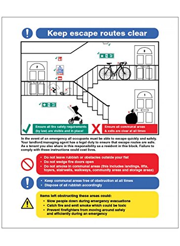 Caledonia Signs 11415E englisches Mehrfamilienhaus-Schild „Keep Escape Routes Clear“, starrer Kunststoff, Größe: 200 x 150 mm von Caledonia Signs