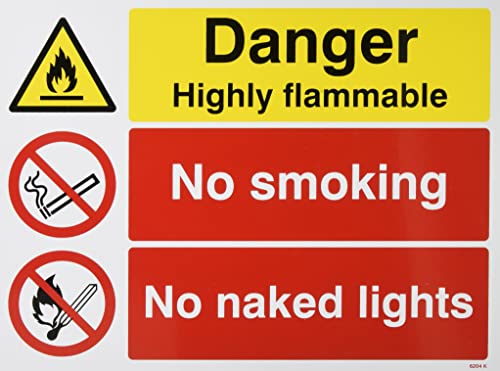 Caledonia Signs 16204K englisches Schild „Danger Highly Flammable No Smoking No Naked Lights", starrer Kunststoff, 400 x 300 mm von Caledonia Signs