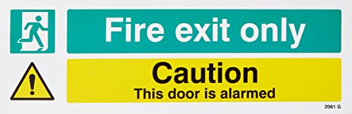 Caledonia Signs 22061G englisches Schild „Fire Exit Only - Caution this Door is Alarmed“, selbstklebend, Vinyl, 300 x 100 mm von Caledonia Signs