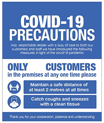 Schaufensterschild mit Aufschrift „Covid 19 Precautions“ von Caledonia Signs