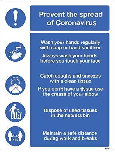 Schild „Prevent the spread of coronavirus“ – Hände waschen, Taschentücher verwenden, Mülleimer verwenden, halten 1 m soziale Distanzen, halbstarres PVC-Schild (400 x 600 mm) von Caledonia Signs