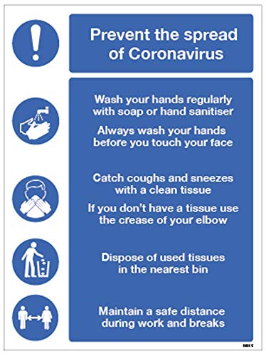 Schild mit Aufschrift „Prevent the spread of coronavirus“ – Hände waschen, Taschentücher verwenden, Mülleimer verwenden, sicherer Abstand. halbstarres PVC-Schild (400 x 600 mm) von Caledonia Signs