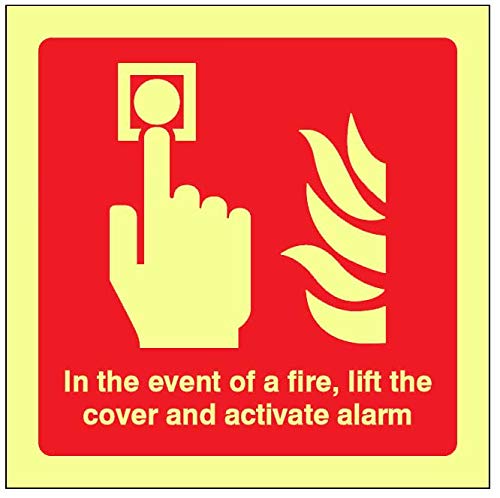 Selbstklebendes Schild mit Aufschrift "In the event of a fire lift the cover and active" Alarm". von Caledonia Signs