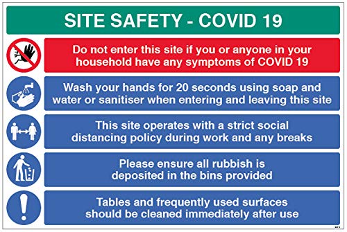 Site Safety COVID19 – Wash Hands, Social Distancing Police, Place Mülleimer, saubere Oberflächen, großes halbstarres PVC-Schild (900 x 600 mm) von Caledonia Signs