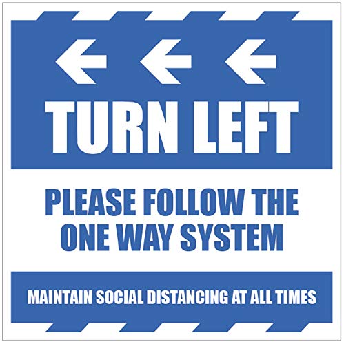 Turn Left Please follow the one way system and maintain social distancing at all times - Bodengrafik, 300 x 300 mm von Caledonia Signs