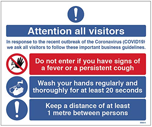 Warnschild mit Aufschrift „Attention all visitors – Coronavirus guidance (1 Meter Social Distancing), halbstarres PVC-Schild, 300 x 400 mm von Caledonia Signs