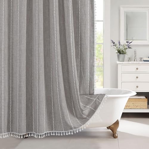 Calefee Duschvorhang 180x200 Antischimmel Grau, Duschvorhänge Polyester Wasserdicht Grau Einfarbig Leinenoptik mit Quaste, Duschvorhang mit Ösen und Haken von Calefee