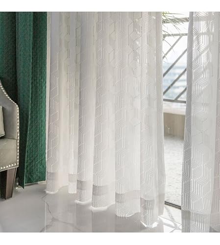 Calefee Halbtransparente Vorhänge 132 x 115, Gardinen Für Schlafzimmer 2er Set mit Haken Weiß Uni mit Geometrischer Stoff, Polyester von Calefee