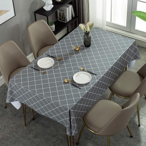 Calefee Tischdecken Wasserdicht 120x180 cm, Abwaschbare Tischdecke Outdoor PVC 4-6 Personen Einfarbig Grau mit Weißem Linienmuster Tischwäsche für die Küche von Calefee