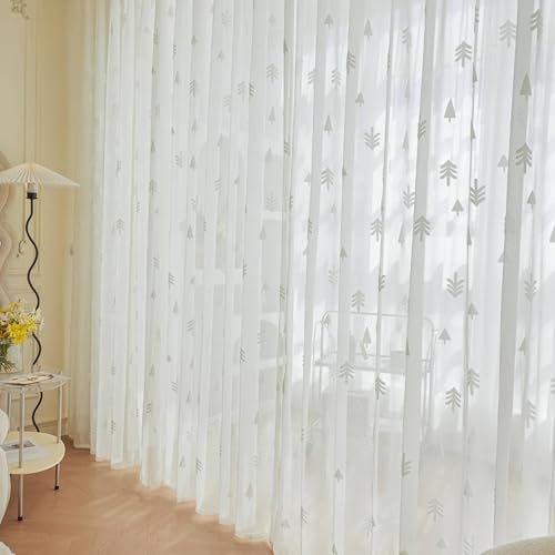 Calefee Transparente Gardinen 137x244, Vorhänge Wohnzimmer 2er Set mit Haken Weiß mit Baummuster, Polyester Calefee Transparente Gardinen 137x244, Vorhänge Wohnzimmer 2er Set mit Haken Weiß mit Baummuster, Polyester von Calefee