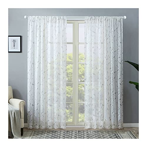 Calefee Voile Vorhänge Wohnzimmer, Gardinen für Schlafzimmer 2er Set Polyester Leinenoptik mit Gestickten Blättern, Stangendurchzug, 132x183cm von Calefee