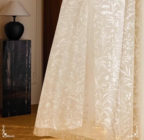 Calefee Voile Vorhang Transparent, Fenster Vorhänge 2er Set Wohnzimmer Polyester mit Strukturierten Blumen Und Blättern mit Ösen, 132x214cm Calefee Voile Vorhang Transparent, Fenster Vorhänge 2er Set Wohnzimmer Polyester mit Strukturierten Blumen Und Blättern mit Ösen, 132x214cm von Calefee