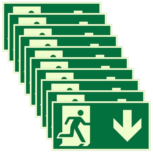 10 Stück Schilder Notausgang, 30 x 15cm Notausgangsschild Nachleuchtend, Langnachleuchtende Schild Notausgangsschild Pfeil Unten Selbstklebend Fluchtwegschild Rettungsweg-Nach unten von Calenxy