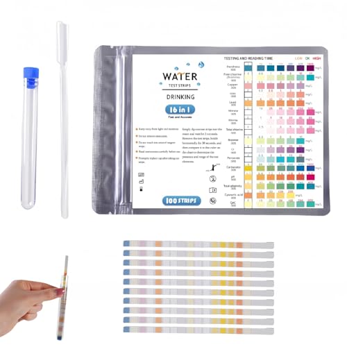 100x 16 in 1 Trinkwasser Teststreifen,Wassertester Trinkwasser,Wasserhärte Teststreifen pH Teststreifen,Trinkwasser Testband zur Prüfung der Wasserqualität für Trinkwasser,Pool,Spa & Aquarium von Calenxy
