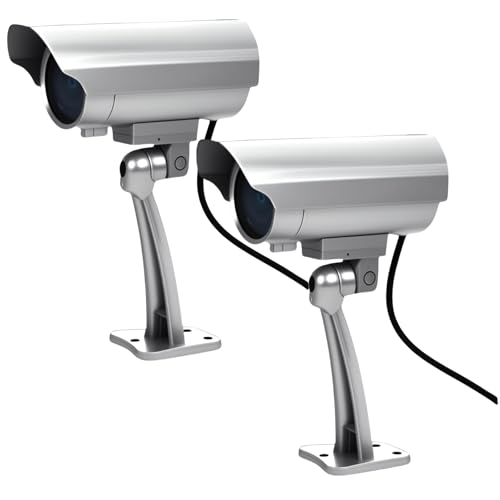 2 Stück Kamera Atrappe Außen, Fake Sicherheitskamera mit Rot Blinkender LED, CCTV Dummy Kamera, Sicherheits Fake Kamera für den Innen und Außenbereich (2 Stück Silber) von Calenxy