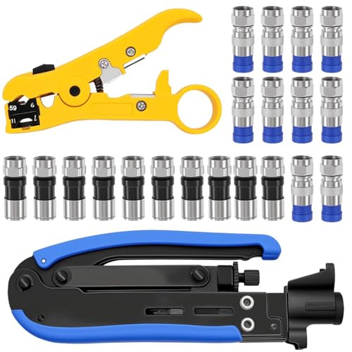 22-teiliges Kompressionszangen Set Abisolierwerkzeug für Koaxialkabel Internet, Kompressionszange Abisolierzange mit Kabelabisolierer und F-Stecker RG6 RG59 RG7 RG11 für Koaxialkabel F-070-BU-Y von Calenxy