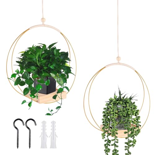 Calenxy 2 Stück Blumenampel Hängend Innen, Metall Blumenampel- Makramee Blumenampelmit Hölzernen Basis,93cm Hängetopf für Innenbereich mit Holzsockel, Metallring und Aufhängeschlaufe Hängender von Calenxy