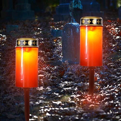 Calenxy 2 Stück Solar LED Grablicht, Rotes Wasserdichtes Solar Grablichter für Draußen Grableuchte Solar, Outdoor Friedhofskerze Solarbetrieben mit Lichtsensor, 7 x12 cm Grabkerze mit Erdspieß (Rot) von Calenxy