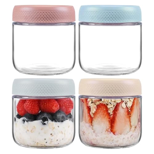 Calenxy 4 x Overnight Oats Gläser, 300ML Meal Prep Gläser mit Schraubdeckel Overnight Hafergläser Luftdichte, Stapelbarer Glasbehälter für Müsli Joghurt Müsli Joghurt Smoothie Chia Pudding To Go Glas von Calenxy