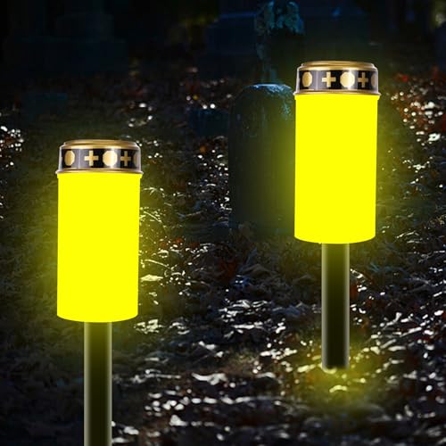 Grablicht Solar, 2 Stück Wasserdichtes Solar Grablichter für Draußen Grableuchte Solar, Outdoor Friedhofskerze Solarbetrieben mit Lichtsensor, Grabkerze mit Erdspieß 7 x12 cm (Weiß) von Calenxy