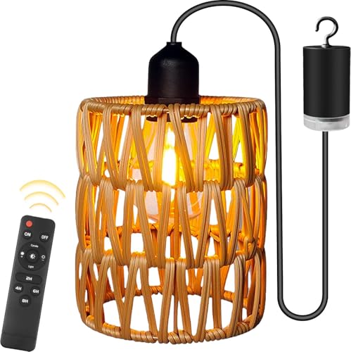 Rattan Hängelampe mit Fernbedienung Außen Innen Hängeleuchte Boho Batteriebetriebene Lampe Hängeleuchte Ohne Stromanschluss Tragbare Korb Lampenschirm Pendelleuchte für Innen Außen Garten von Calenxy