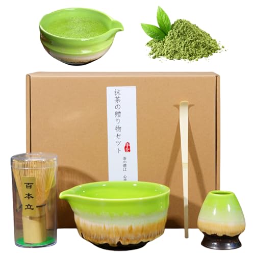 Matcha Tea Set 4-teiliges, Matcha Besen Set, Matcha-Schaufel Matcha Schale mit Ausgießer-Matchabesen Halter aus Keramik Whisk Matcha-set für Einsteiger Keramik Matcha Starter Set für Teezeremonie von Calenxy